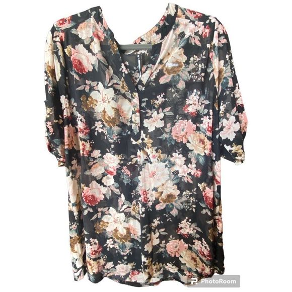 No Brand Tops - Floral Stretchy Mesh V-Neck Collarless Partial Button Down Blouse Size 2X​